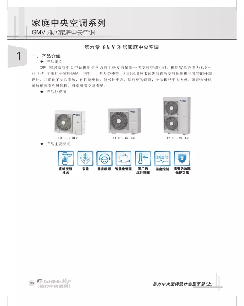 GMV雅居家用中央空调机组是格力自主研发的最新一代变频空调机组，机组容量范围为8.0~33.5KW，主要用于家居场所，别墅，小型办公楼等，机组采用技术领先的直流变频压缩机和独特的外观设计，并优化了制冷系统，使性能更佳，能效比更高，运行更为可靠，安装调试更为方便。雅居室外机可与雅居系列风管机、厨享厨房空调搭配。