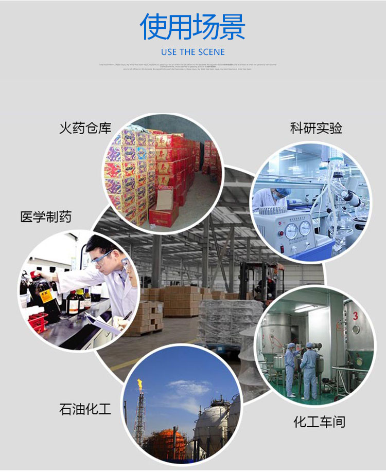 使用场景：火药仓库，医学制药，化工车间，科研实验，石油化工