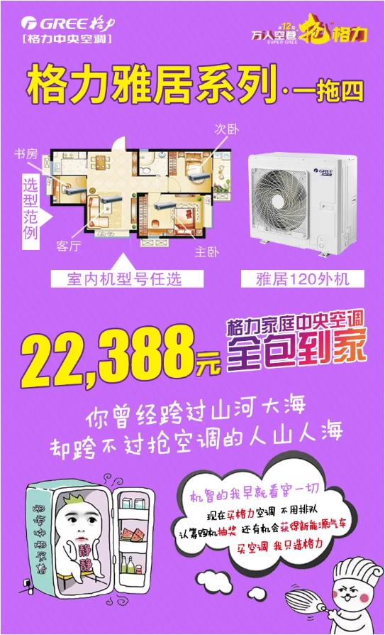 格力雅居120外机一拖四22388元全包到家，你曾经跨过山河大海却跨不过抢空调的人山人海,机智的我早就看穿一切，现在买格力空调，不用排除认筹购机抽奖，还有机会获得新能源汽车，买空调，我只选格力