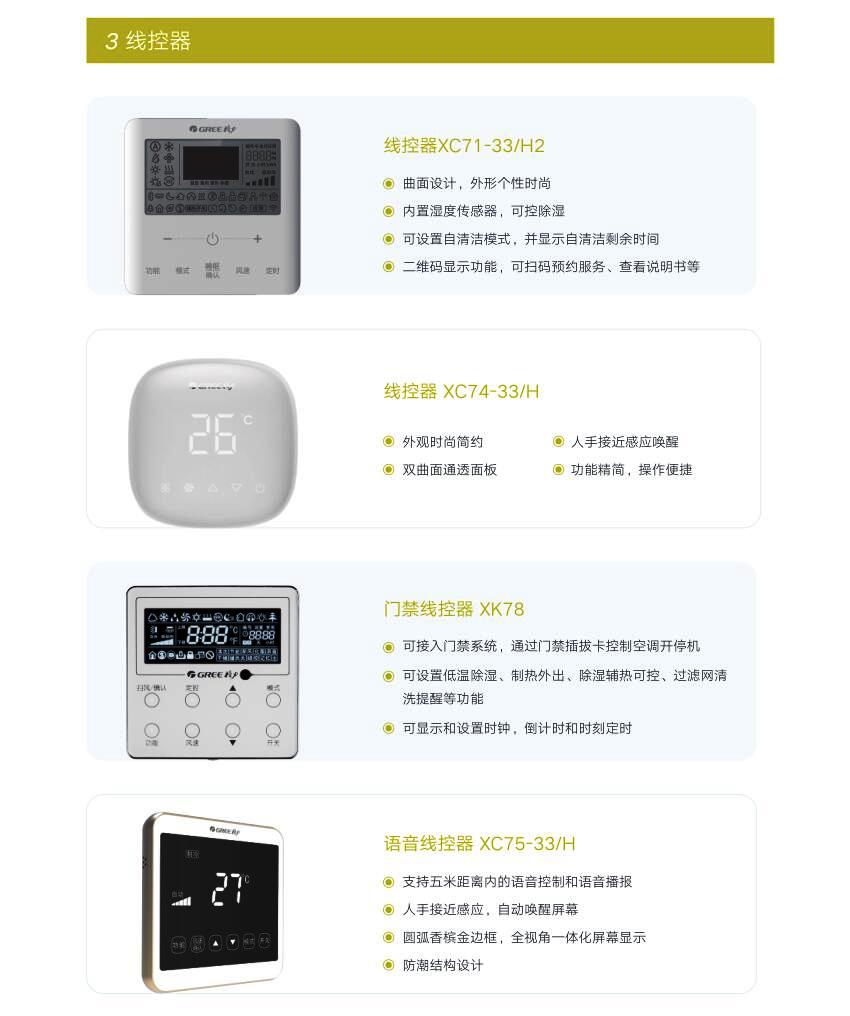 线控器XC71-33/H2曲面设计，外形个性时尚；内置湿度传感器，可控除湿；可设置自清洁模式，并显示自清洁剩余时间；二维码显示功能，可扫码预约服务、查看说明书等。线控器XC74-33/H外观时尚简约；人手接近感应唤醒；双曲面通透面板；功能精简，操作便捷。门禁线控器XK78 可接入门禁系统，通过门禁插拔卡控制空调开停机；可设置人氏 温除湿、制热外出、除湿辅热可控、过滤网清洗提醒等功能。可显示和设置时钟，倒计时和时刻定时。语音线控器CX75-33/H支持五米距离内的语音控制和语音播报；人手接近感应，自动唤醒屏幕；圆弧香槟金边框，全视角一体化屏幕显示；防潮结构设计
