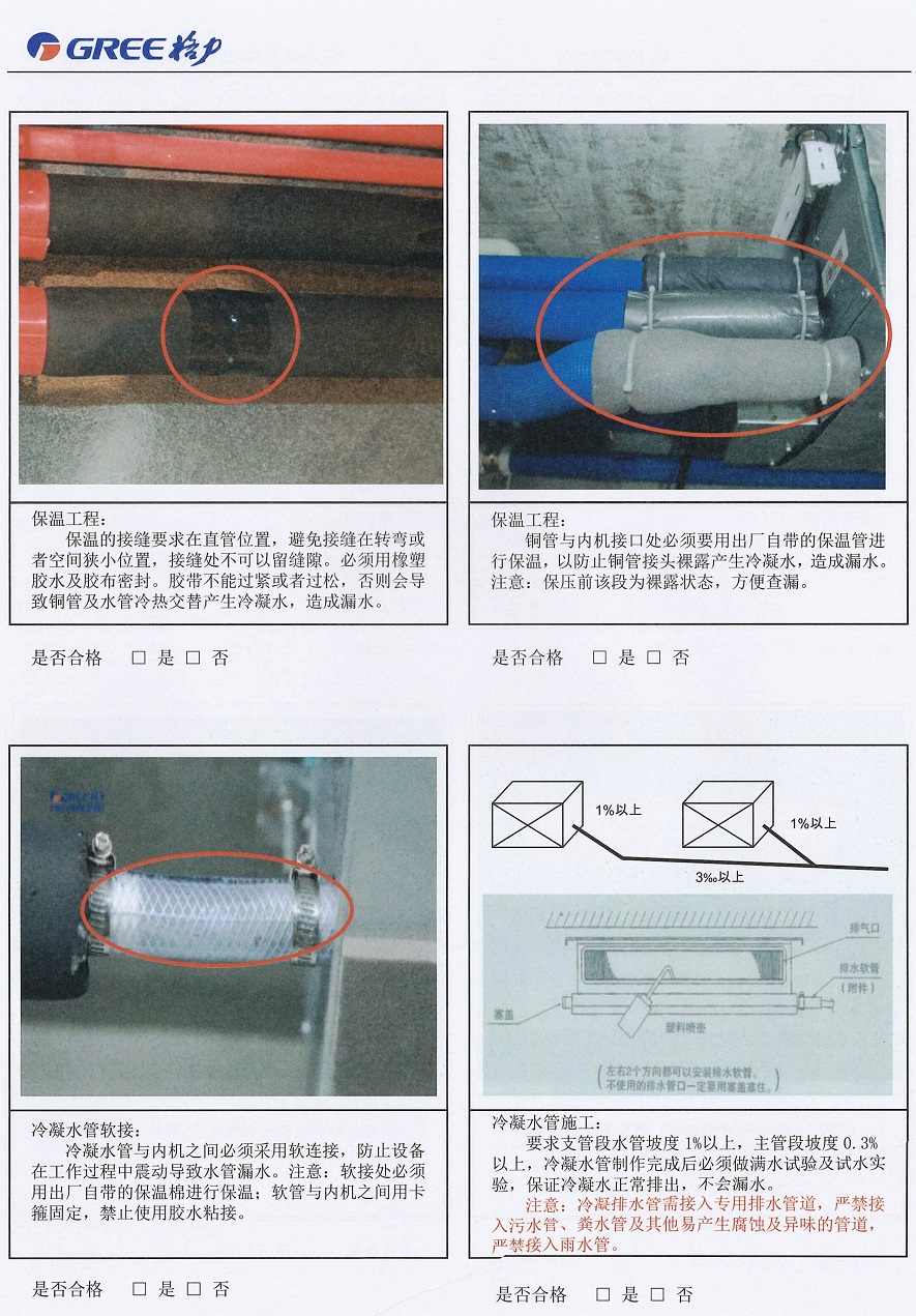 保温工程： 　　保温的接缝要求在直管位置，避免接缝在转弯或者空间狭小位置，接缝处不可以留缝隙。必须用橡塑胶水及胶布密封。胶带不能过紧或者过松，否则会导致铜管及水管冷热交替产生冷凝水，造成漏水。 　　铜管与内机接口处必须要用出厂自带的保温管进行保温，以防止铜管接头裸露产生冷凝水，造成漏水。 　　注意：保压前该段为裸露状态，方便查漏。 　　冷凝水管软接： 　　冷凝水管与内机之间必须采用软连接，防止设备在工作过程中震动导致水管漏水。注意：软接处必须用出厂自带的保温棉进行保温;软管与内机之间用卡箍固定，禁止使用胶水粘接。 　　冷凝水管施工： 　　要求支管段水管坡度1%以上，主管段坡度0.3%以上，冷凝水管制作完成后必须做满水试验及试水实验，保证冷凝水正常排出，不会漏水。 　　注意：冷凝排水管需接入专用排水管道，严禁接入污水管、粪水管及其他易产生腐蚀及异味的管道，严禁接入雨水管。
