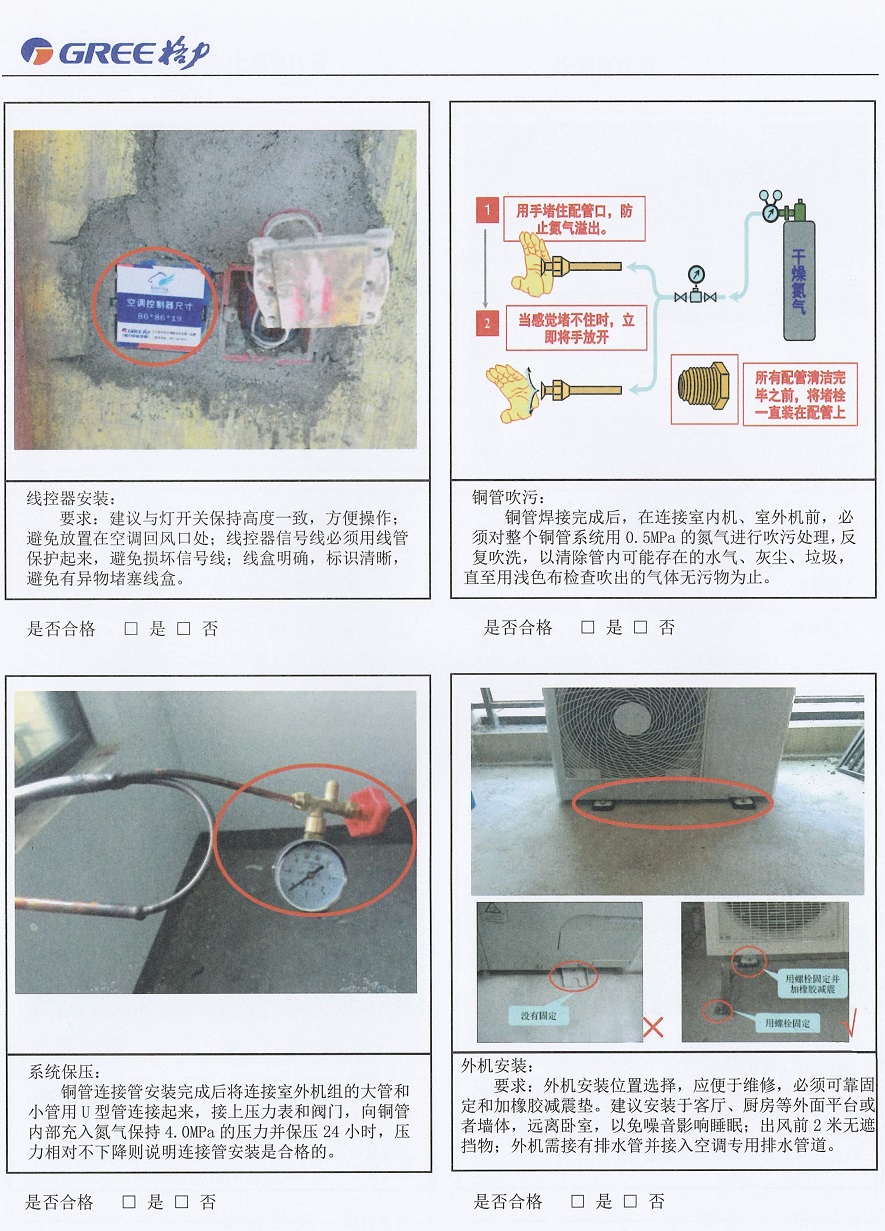 线控器安装： 　　要求：建议与灯开关保持高度一玩笑，方便操作：避免放置在空调回风口处;线控器信号线必须用线管保护起来，避免损坏信号线;线盒明确，标识清晰，避免有异物堵塞线盒。 　　铜管吹污： 　　铜管焊接完成后，在连接室内机，室外机前，必须对整个铜管系统用0.5MPa的氮气进行吹污自理，反复吹洗，以清除管内可能存在的水气、灰尘、垃圾，直至用浅色布检查吹出气体元污物为止。 　　系统保压：铜管连接管安装完成后将连接室外机组的大管和小管用U型管连接起来，接上压力表和阀门，向铜管内部充入氮气保持4.0MPa的压力并保压24小时，压力相对不下降则说明连接管安装是合格的。 　　外机安装： 　　要求：外机安装位置选择，应便于维修，必须可靠固定和加橡胶减震垫。建设安装于客厅、厨房等外面平台或者墙体，远离卧室，以免噪音影响睡眠;出风前2米元遮挡物;外机需接有排水管并接入空调专用排水管道。