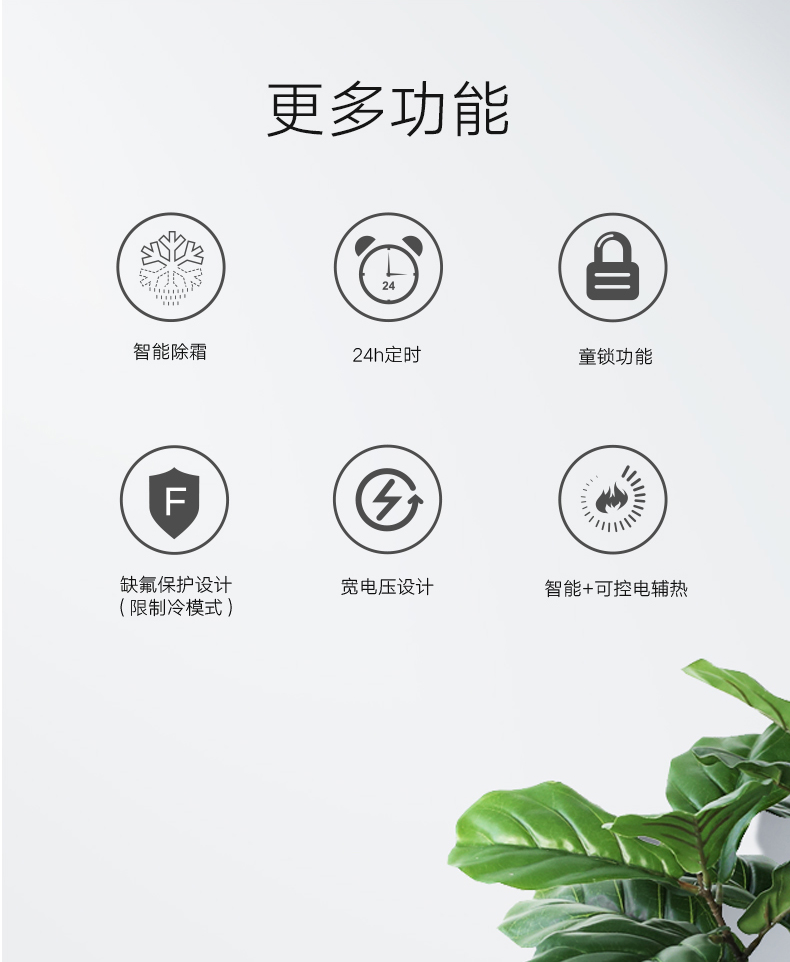更多功能还有智能除霜，24H定时，童锁功能，缺氟保护设计（限制冷模式），宽电压设计，智能+可控电辅热等等
