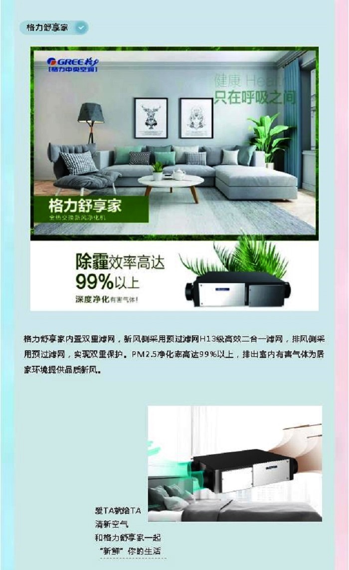 格力舒享家内置双重滤网，新风侧采用预过滤网H13级高效二合一滤网，排风侧采用预过滤网，实现双重保护。PM2.5净化率高达99%以上，排出室内有害气体为居家环境提供品质新风。爱TA就给TA  清新空气  和格力舒享家一起  “新鲜”你的生活
