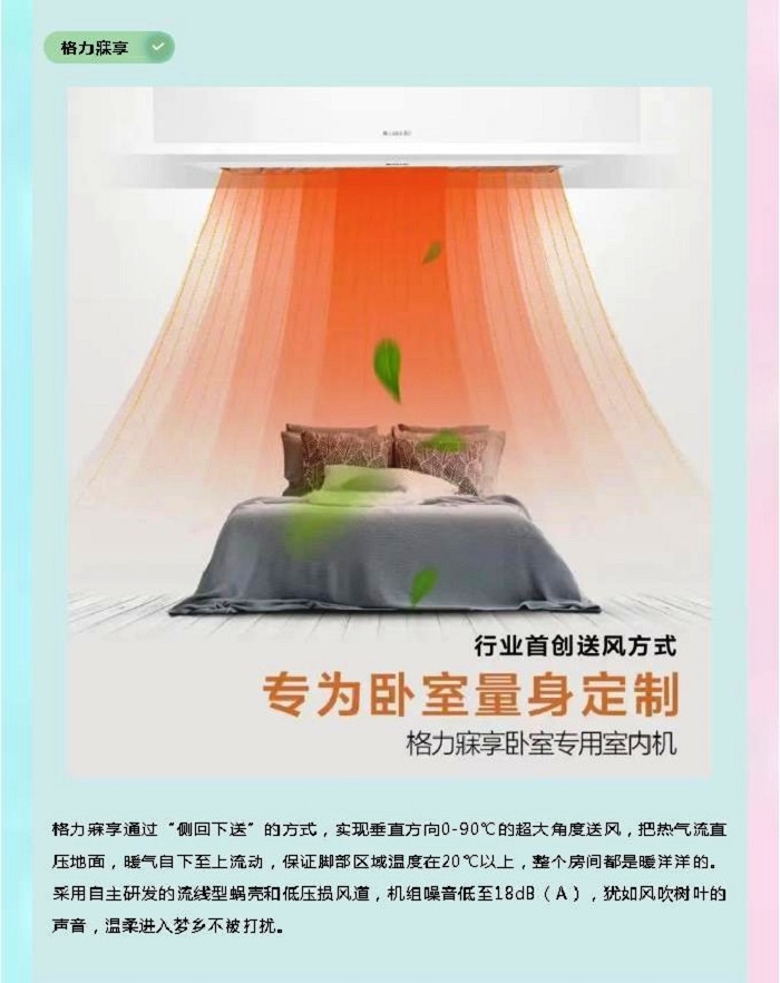 格力寐享通过“侧回下送”的方式，实现垂直方向0-90℃的超大角度送风，把热气流直压地面，暖气自下至上流动，保证脚部区域温度在20℃以上，整个房间都是暖洋洋的。采用自主研发的流线型蜗壳和低压损风道，机组噪音低至18dB（A），犹如风吹树叶的声音，温柔进入梦乡不被打扰。