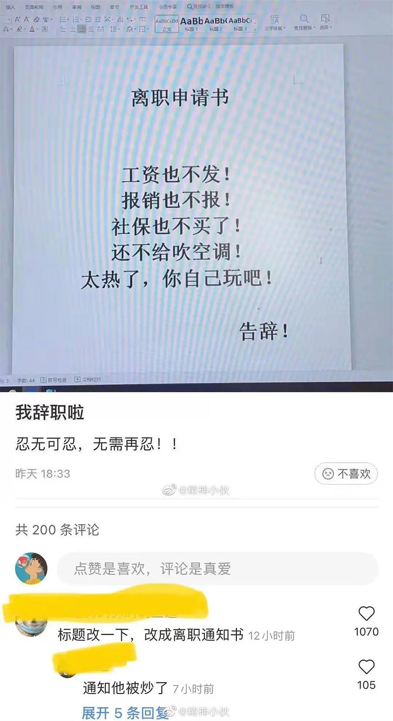 离职申请书，工资也不发，报销也不报，社保也不买了，安个分体空调都不让，太热了，你自己玩吧